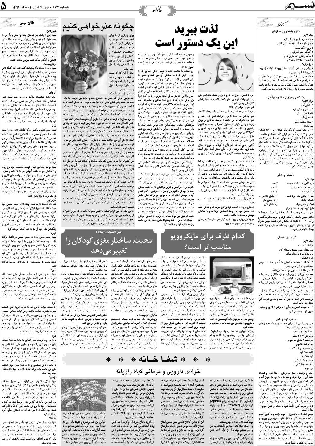 صفحه خانواده روزنامه نسیم شماره 867